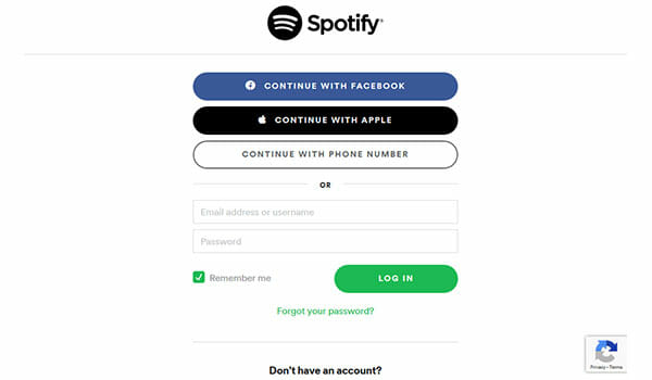 spotify login page